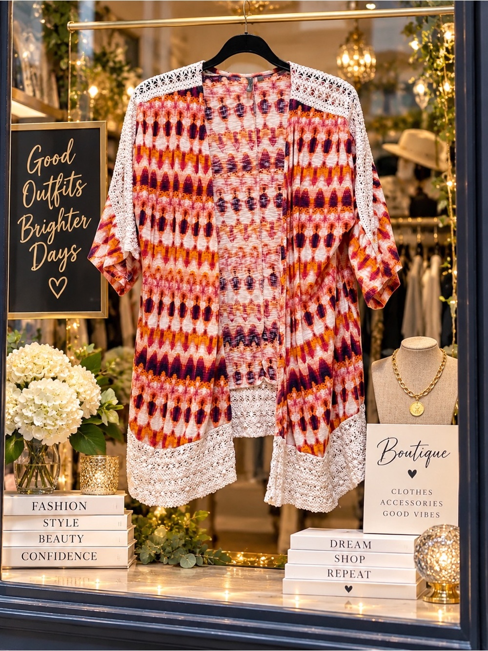 new directions Multi-Color Crochet-Trim Kimono Cardigan